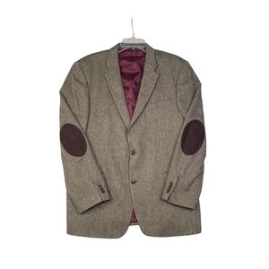 Tommy Hilfiger Mens 44L Wool Blend Herringbone Blazer Jacket Elbow Patches Brown